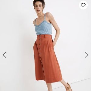 Poplin Pleated Button Front Midi Skirt